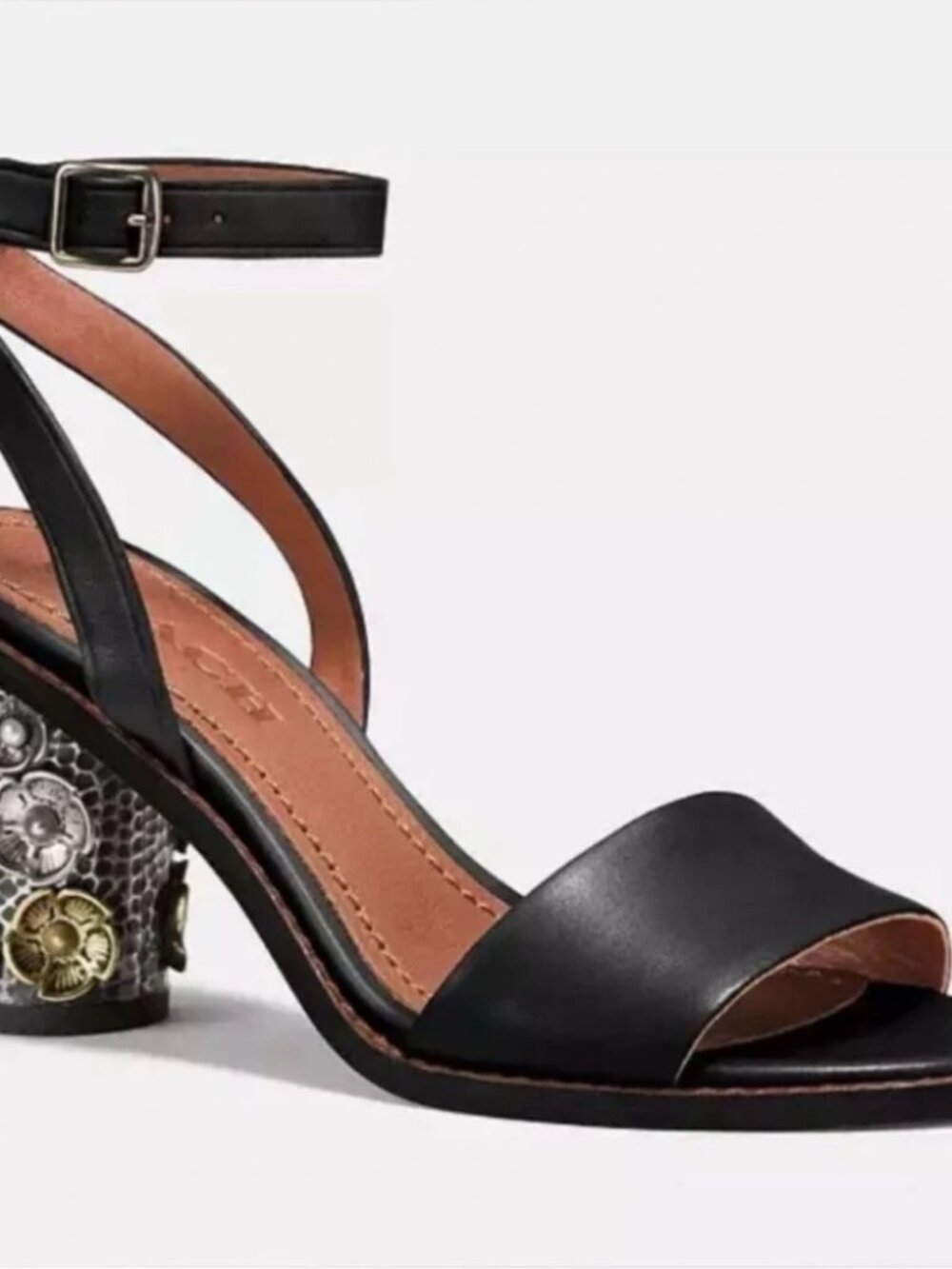 Coach Black Strappy Sandal Metal Flower Heel Buckle Design